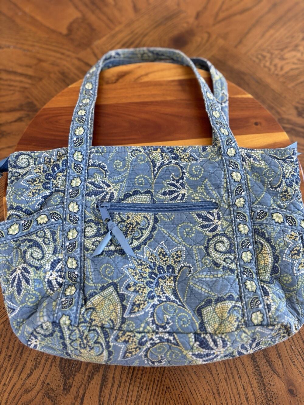 Liz Claiborne Blue Yellow Floral Medium Tote Zip Closure Inner Outer Pockets